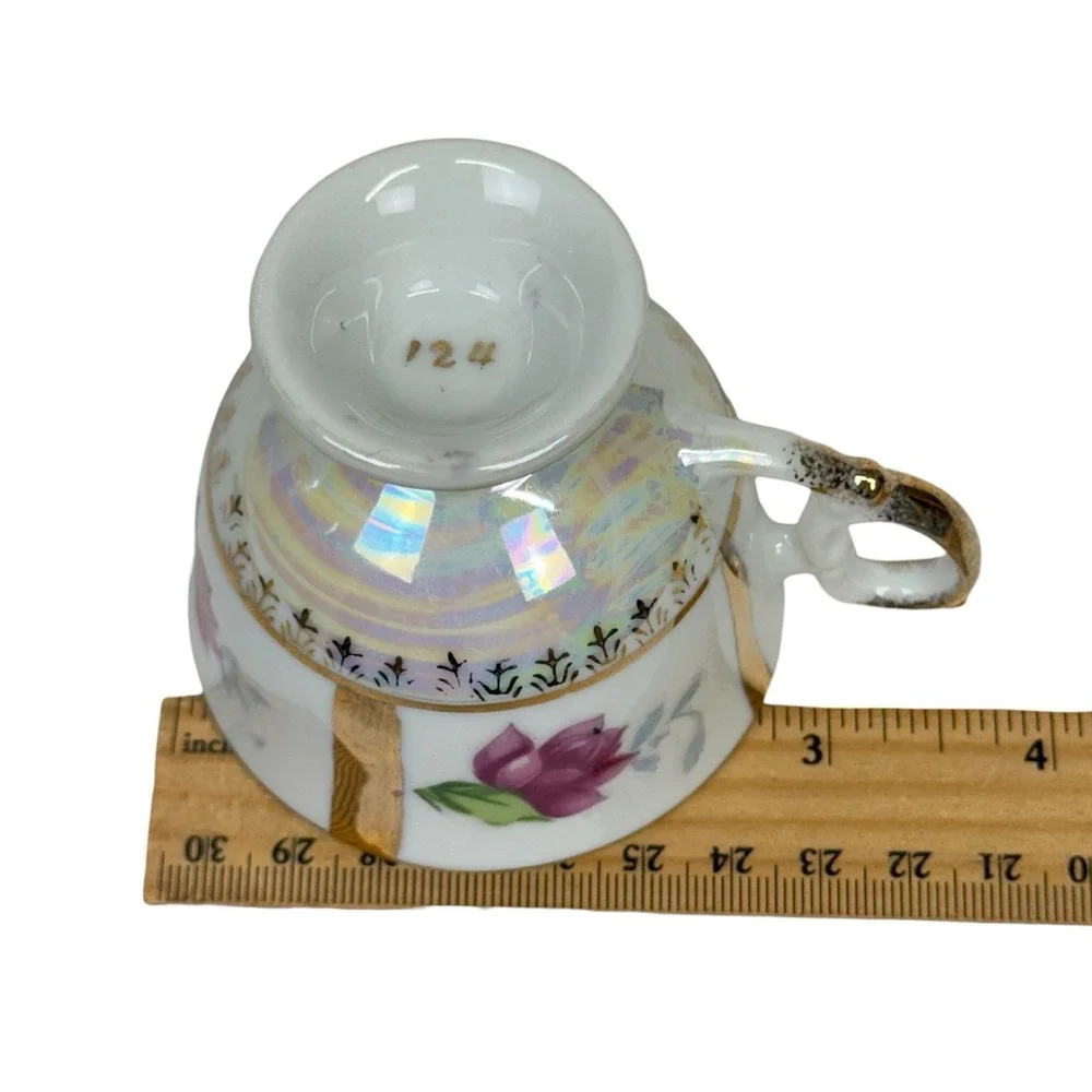 Demitasse Tea Cup Saucer Set Porcelain Lusterware Flower Japan Gold Iridescent